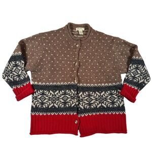 Eddie Bauer Vtg Nordic Wool Alpaca Fair Isle Cardigan Sweater Brown Red Ski Sz L